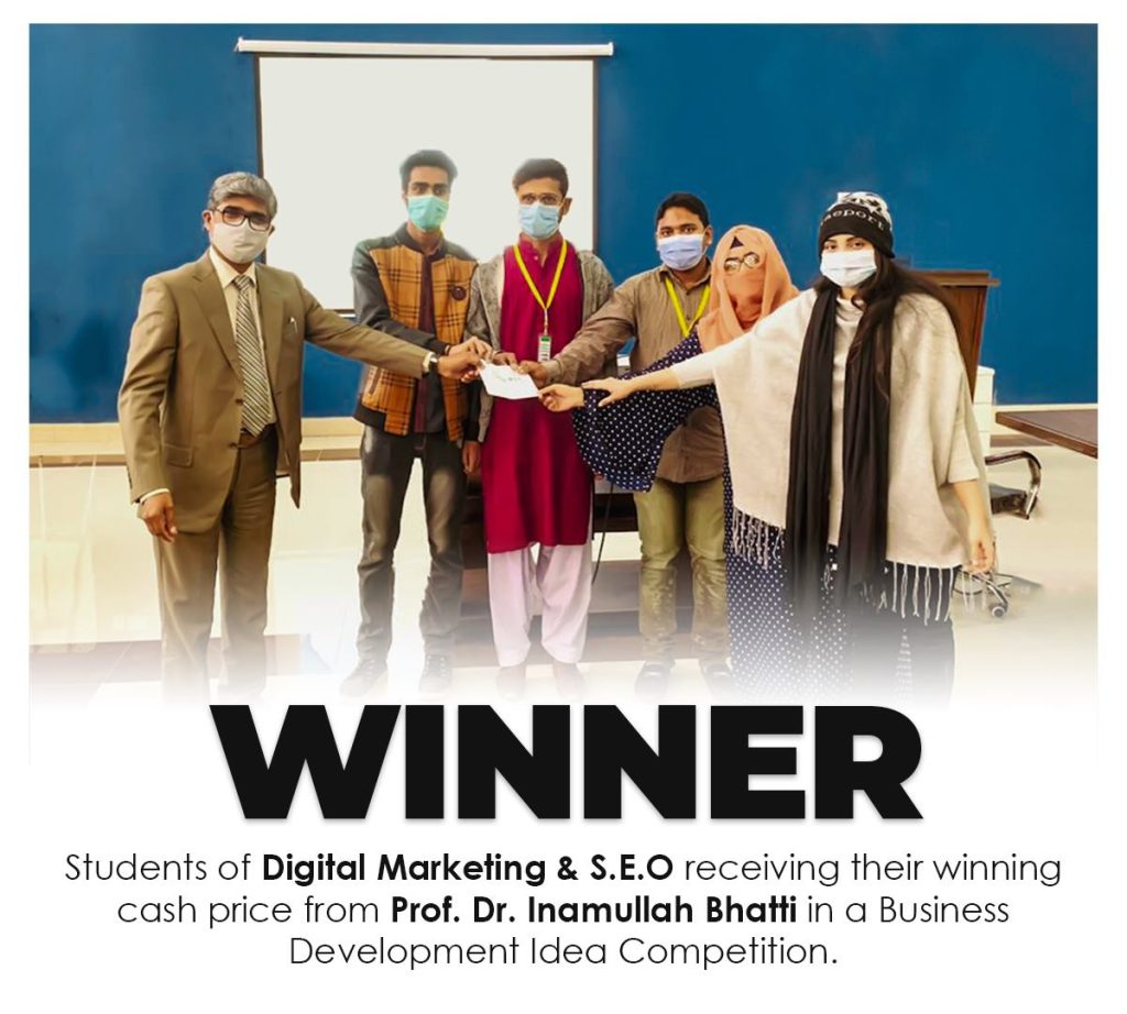 Saif, Fahad, Saad, Sawera, and Bharti, Students of Digital Marketing & S.E.O receiving their winning cash price from Prof. Dr. Inamullah Bhatti in a Business Development Idea Competition.